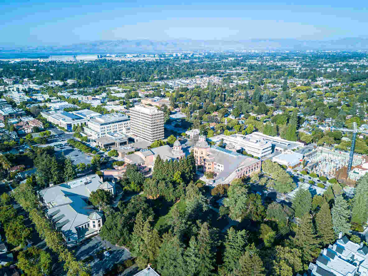 Aerial view of downtown Mountain View in California.