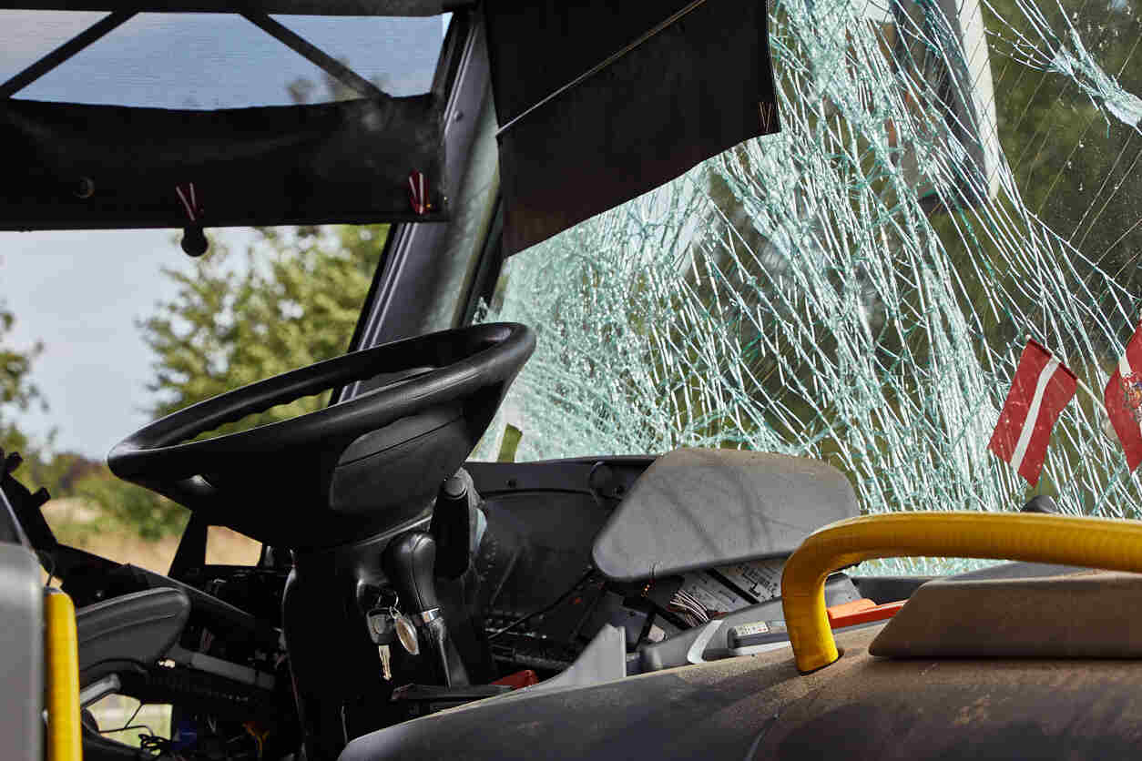 Shattered windshield of a bus after an accident, representing a San Jose bus accident lawyer