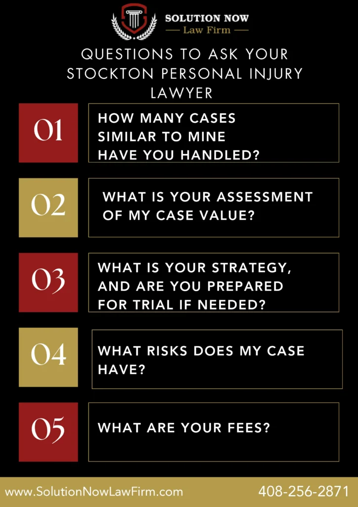 This Infographic shows What Question to ask your stockon Personal Injury Lawyer