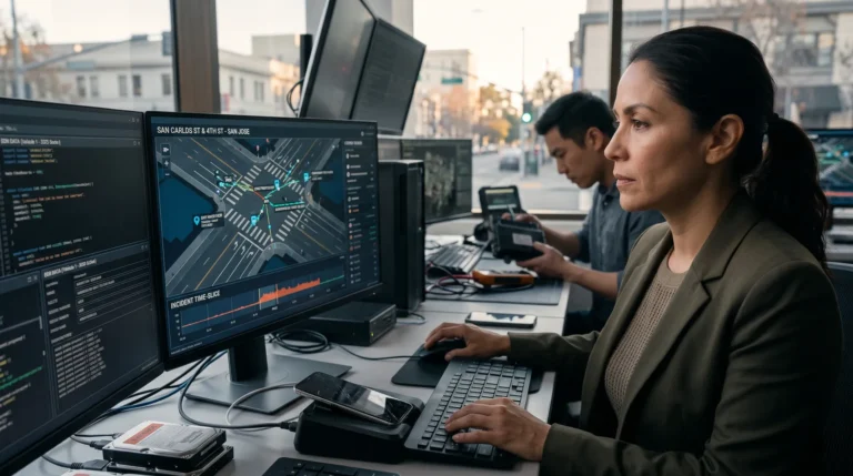 Investigators reviewing traffic camera data and a street map of a San Jose intersection on computer screens