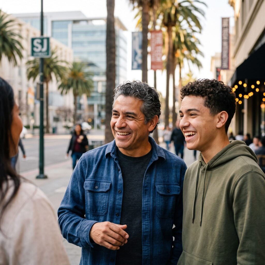 A father and son talking and smiling on a downtown San Jose street