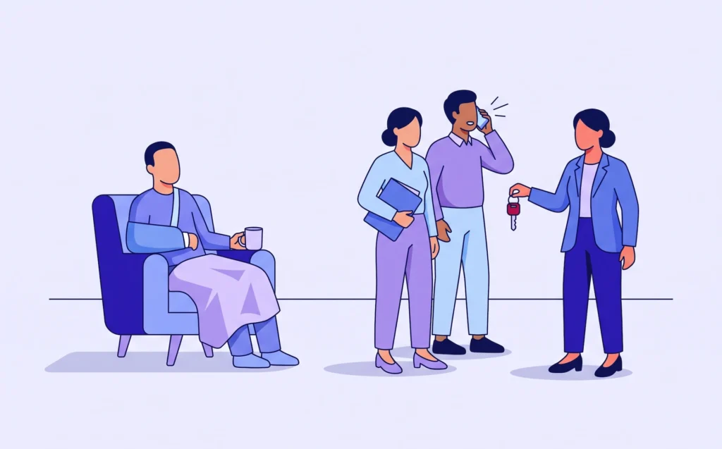Illustration: a client resting in an armchair with an arm in a sling while three members of the legal team handle a folder, a phone call and the car keys