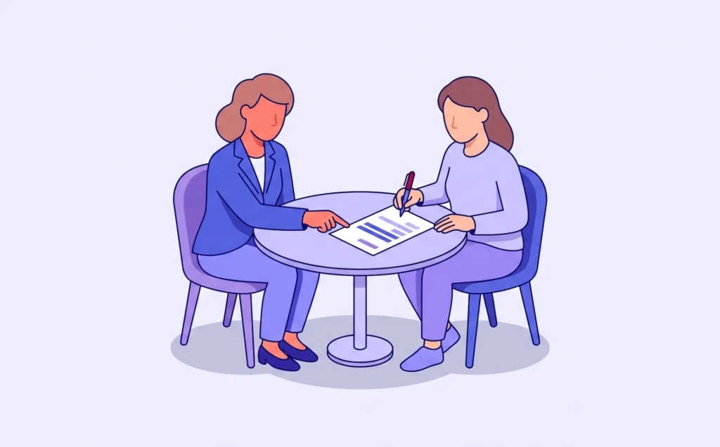 Illustration: a client and attorney side by side reviewing the settlement breakdown, the client holding the pen to sign
