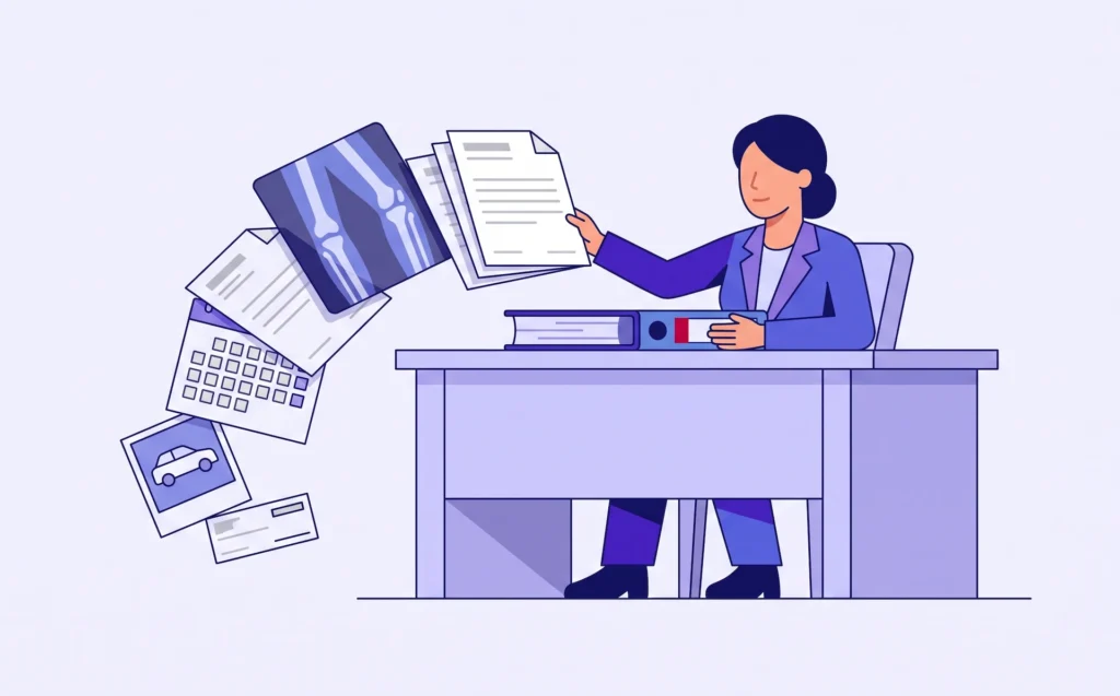 Illustration: an attorney assembling a thick demand binder from medical records, an X-ray, a calendar and a crash photo